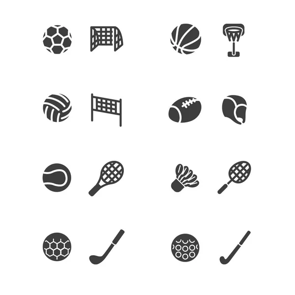 Icone dello sport con palline e accessori in stile glifo — Vettoriale Stock