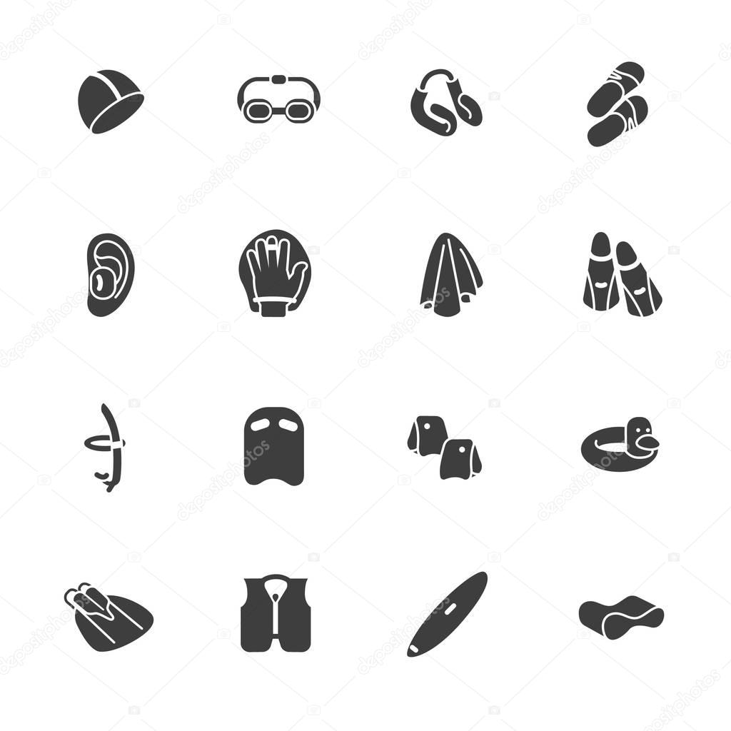 Icons of accessories for swimming and water sports in glyph style