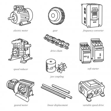 Line illustrations of drive technology like motors and reducers / Drive technology and expendable parts in line style with names clipart