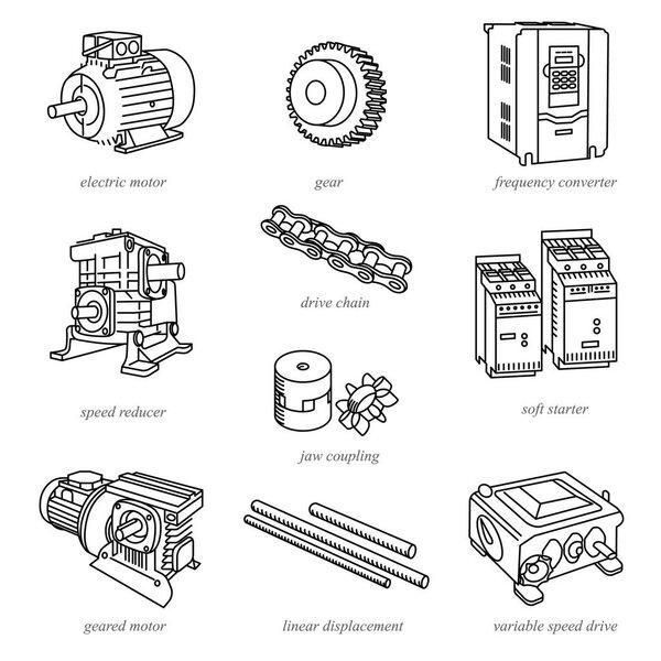 Line illustrations of drive technology like motors and reducers / Drive technology and expendable parts in line style with names