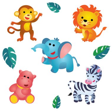 Beş sevimli peluş orman hayvan / sevimli peluş maymun, aslan, fil, su aygırı ve zebra beyaz arka plan üzerinde
