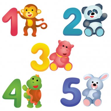 Peluş hayvanlar ile 5'e 1 numaraları / renkli numaraları 1'den 5 peluş maymun, panda, su aygırı, kaplumbağa ve tavşan