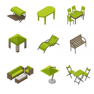 Icon set izometrik tarzı Bahçe mobilya / izometrik simgeleri olarak şemsiye, tablolar, ahşap ve plastik bahçe mobilyaları swing ve tente