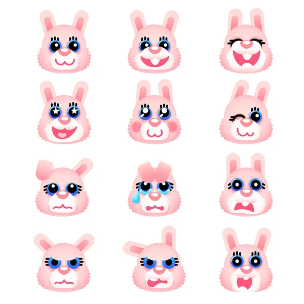 Set Emoticons Pink Bunny Head Cute Pink Bunny Head Emoticons — Stock Vector