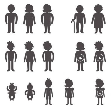 Glyph icons of people in different ages and gender / Glyph silhouettes without faces of babies, girl and boy, teenagers, man and woman, grandmother and grandfather, third sex, all in front view clipart