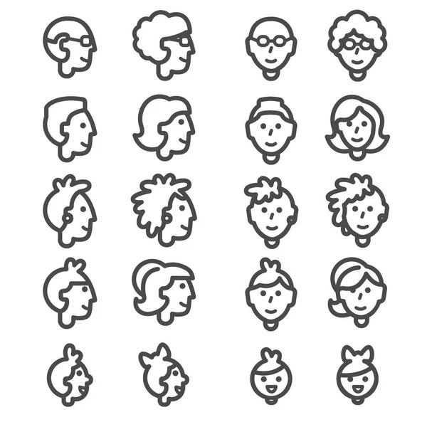 Iconos Línea Personas Cabezas Diferentes Edades Género Cabezas Línea Con — Archivo Imágenes Vectoriales