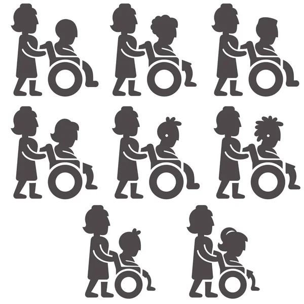 Glyphen Ikonen Von Behinderten Unbeweglichen Menschen Unterschiedlichen Alters Und Geschlechts — Stockvektor