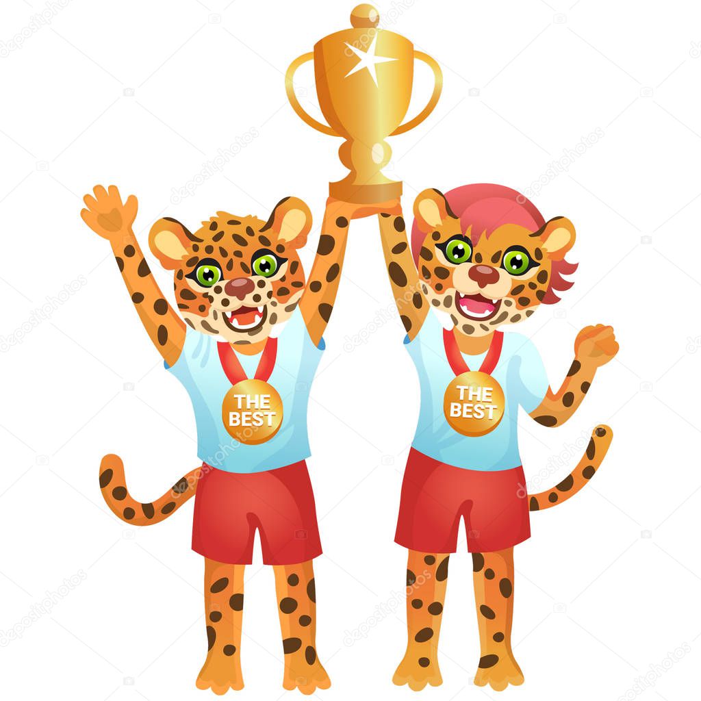Boy and girl jaguars in sport uniform are rising high the gold goblet