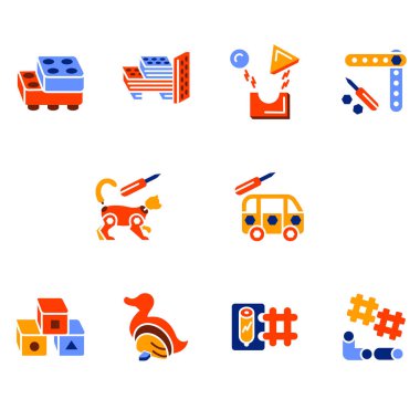 Yapı bloğu oyuncakları renkli düz stil simgeleri oluşturur