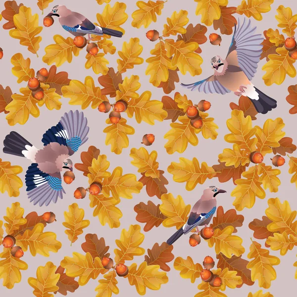 Avrasya Kuşları Altın Meşe Yaprakları Gri Fındıklı Pürüzsüz Desenli Telifsiz Stok Illüstrasyonlar
