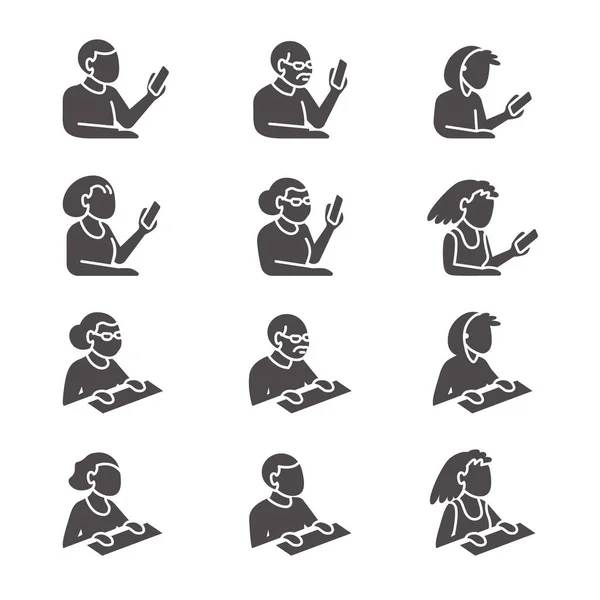 Set Peoples Bust Isometric Projection Users Gadgets Glyph Style — Stock Vector