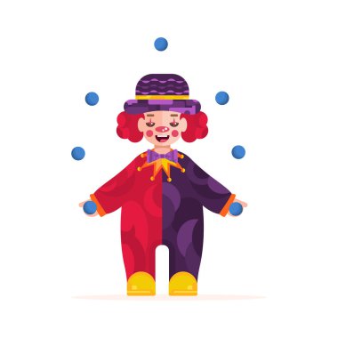 Gülen suratlı bir sirk palyaçosu. Düz vektör çizimi beyaz arkaplanda izole edildi