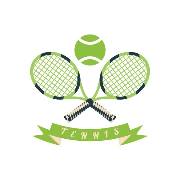 Tenis raketi şeklinde bir spor ekipmanı ve yazılı tenis topuyla birlikte bir tenis topu. Aktif yaşam tarzı ve spor eğitimi kavramı. Beyaz arkaplanda vektör illüstrasyonu