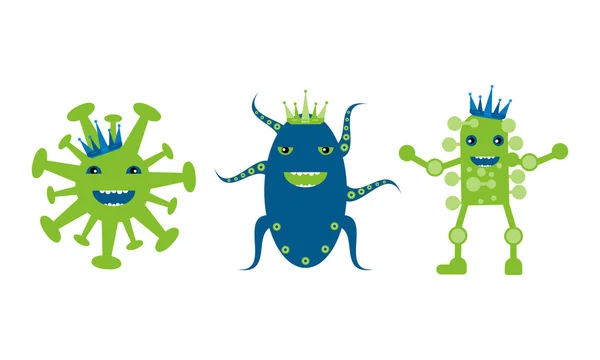 Gülen virüslerle dolu bir vektör ayarlandı. Coronavirus konsepti yaydı. Beyaz zemin üzerinde düz tasarım