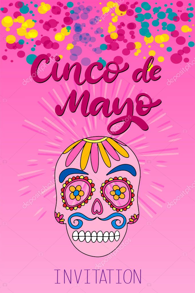 Cinco de Mayo Fiesta festival vector illustration. May 5, holiday in Mexico. Banner, party poster design with lettering, sugar skull. Hand drawn phrase.