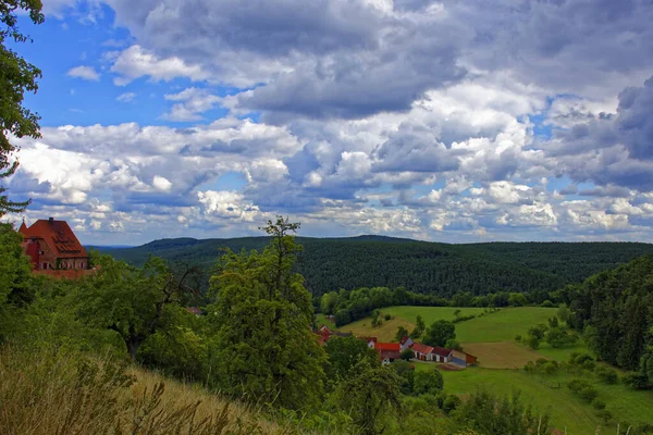 Beautiful sky with clouds over the city near the forest