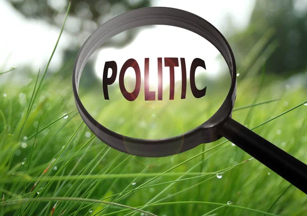 Magnifying glass with the word politic on grass background. Selective focus