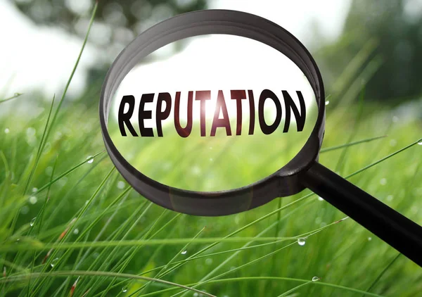 Magnifying glass with the word reputation on grass background. Selective focus — Stock Photo, Image