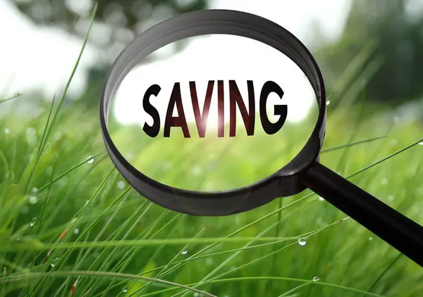 Magnifying glass with the word saving on grass background. Selective focus — Stock Photo, Image