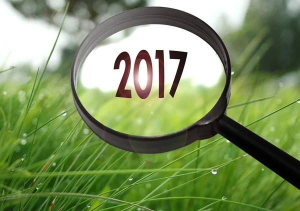 Vergrootglas met het woord 2017 op gras achtergrond. Selectieve aandacht — Stockfoto