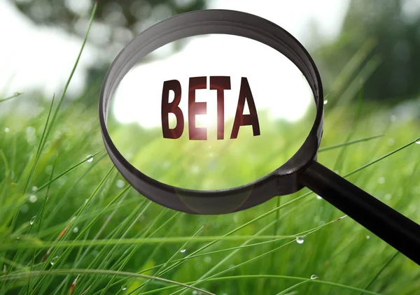Lupe mit dem Wort Beta auf Grashintergrund. Selektiver Fokus — Stockfoto