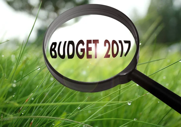 Förstoringsglas med ordet budgeten 2017 på gräs bakgrund. Selektivt fokus — Stockfoto
