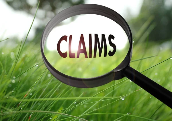 Magnifying glass with the word claims on grass background. Selective focus — Stock Photo, Image