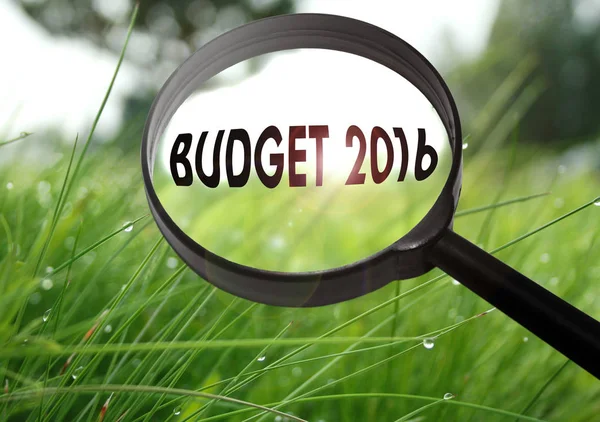 Lupa con la palabra presupuesto 2016 sobre fondo de hierba. Enfoque selectivo — Foto de Stock
