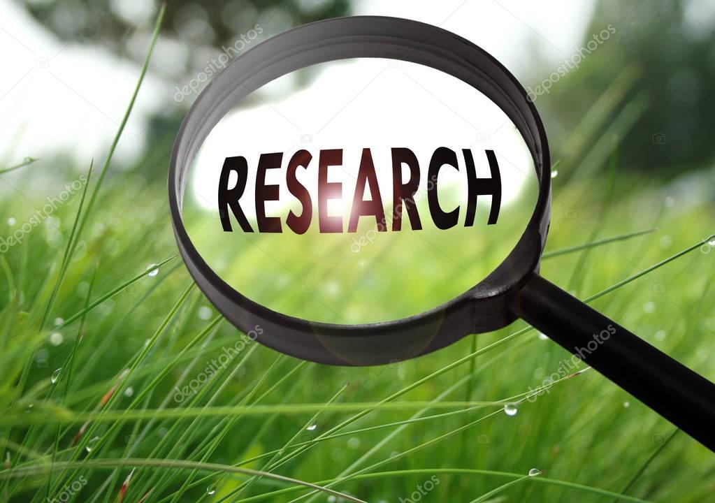 Magnifying glass with the word research on grass background. Selective focus