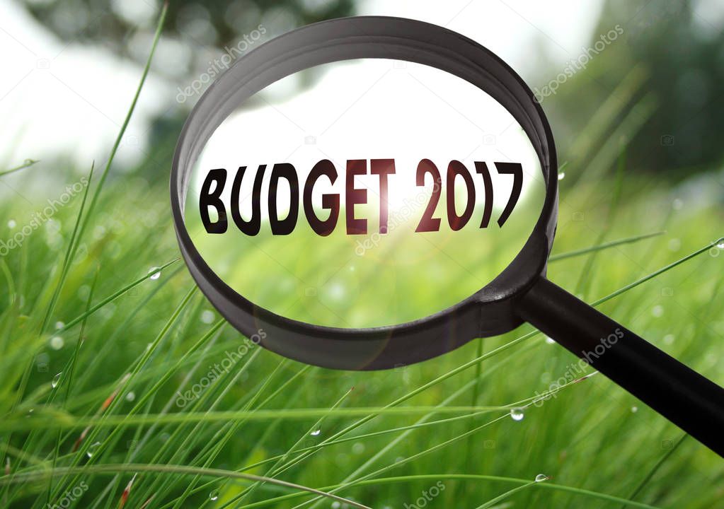 Magnifying glass with the word budget 2017 on grass background. Selective focus
