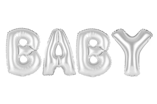 Baby in english alphabet from chrome (grey) balloons — Stock Photo, Image