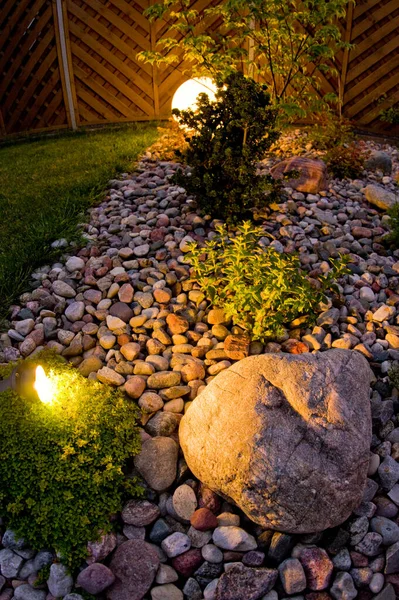 Jardin Intérieur Nuit Éclairé Par Des Lumières Forme Globe Jardinage — Photo