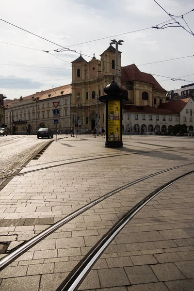 Intersection with iron tram tracks through bratislava — Stock Photo, Image