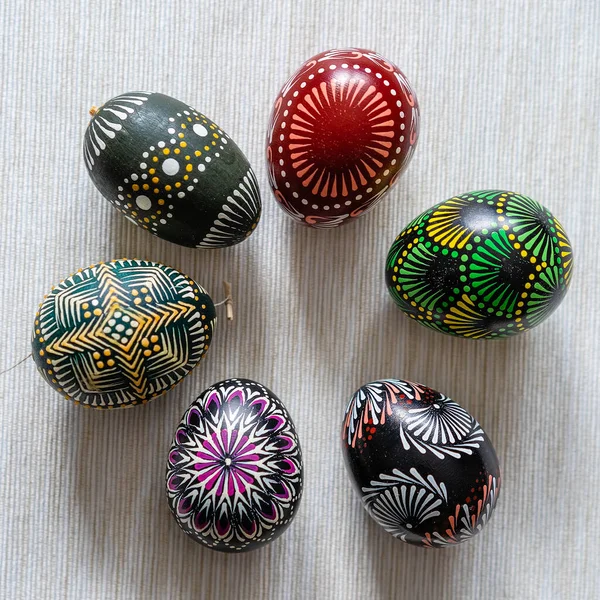 Six Multicolored Easter Eggs Lithuanian Traditional Painted Beeswax Brownish Striped — Stock Photo, Image