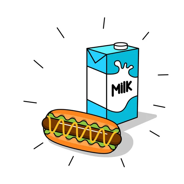 Breakfast Object Vector Line Art Design Milk Hot Dog Meal — Stock Vector