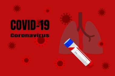 Covid 19, kırmızı zemin üzerinde Coronavirus vektörü ve logo virüsü ve metin var..