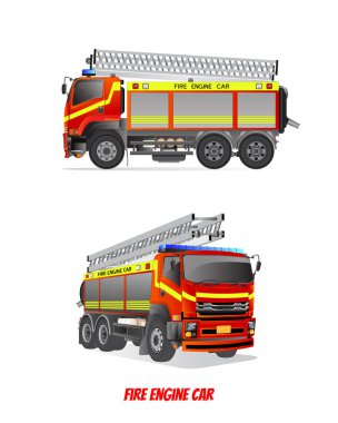 Düz vektör illüstrasyon itfaiye aracı tarafı ve perspektif görünümü.