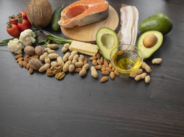 Keto Diéta Egészséges Étel Készlet Hal Dió Fehérje Zöldség Gyümölcs — Stock Fotó