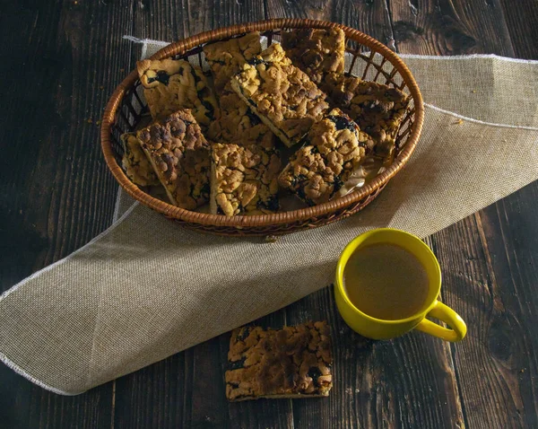 Sweet Fresh Homemade Cookies Coffee Dark Background Tasty Cookies Coffee — Stock Photo, Image