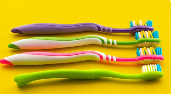 Toothbrush Personal Care Dental Care Yellow Background Bright Toothbrushes Personal — Stock Photo, Image