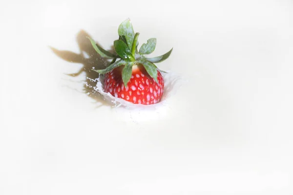 Aardbeien Melk Een Plons Melk Met Vallende Aardbeien — Stockfoto