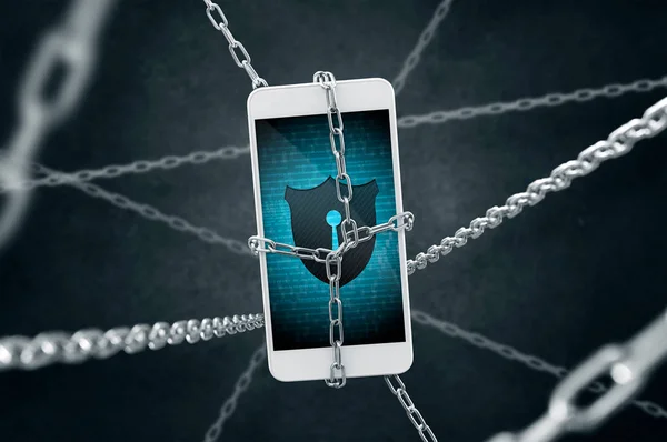 Chained smartphone with antivirus shield — Stock Photo, Image
