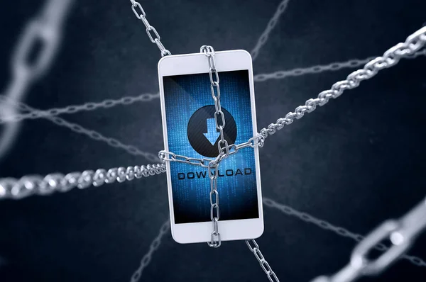 Chained smartphone with download symbol. — Stock Photo, Image