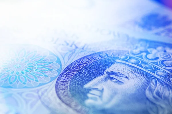 Close-up of polish currency cash. Image with blue flare — Stock Photo, Image