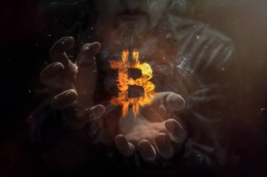 Bitcoin adam içinde belgili tanımlık geçmiş ile yanan sembolü. Gebe