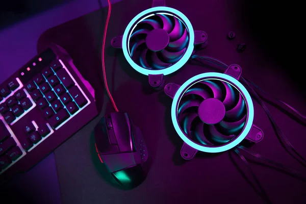コンピュータゲームのマウスと啓発ゲームキーボードの横に青い光と現代のコンピュータファン — ストック写真