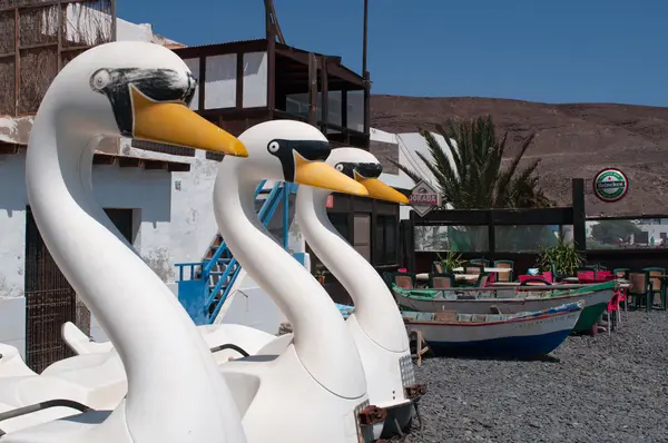 Fuerteventura, Kanarische Inseln, Spanien: schwanzförmige Tretboote am schwarzen Strand von Pozo Negro, einem Fischerdorf abseits von Touristenorten, deren schwarzer Strand vor Millionen von Jahren durch Lavaströme entstanden ist — Stockfoto