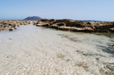 Fuerteventura, Kanarya Adaları, İspanya: düşük tide üzerinde plaj, Grandes Playas (büyük plajları), ünlü Plajlar kitesurfing ve Rüzgar Sörfü, Lobos ada, küçük bir ada 2 km kuzeyinde Fuerteventura