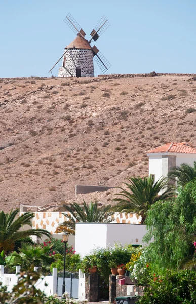 Fuerteventura, Kanárské ostrovy, Španělsko: Panorama a pouštní krajina a krajinu s tradiční větrný mlýn v obci La Oliva, v Severní centrální části ostrova — Stock fotografie