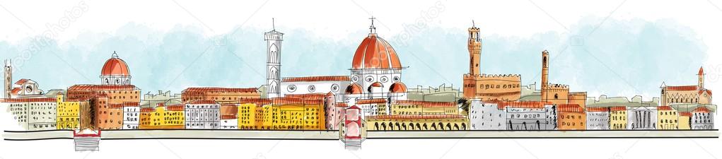 Panoramic view Florence, Lungarno, buildings and churches. Tuscany. Italy. Hand drawn